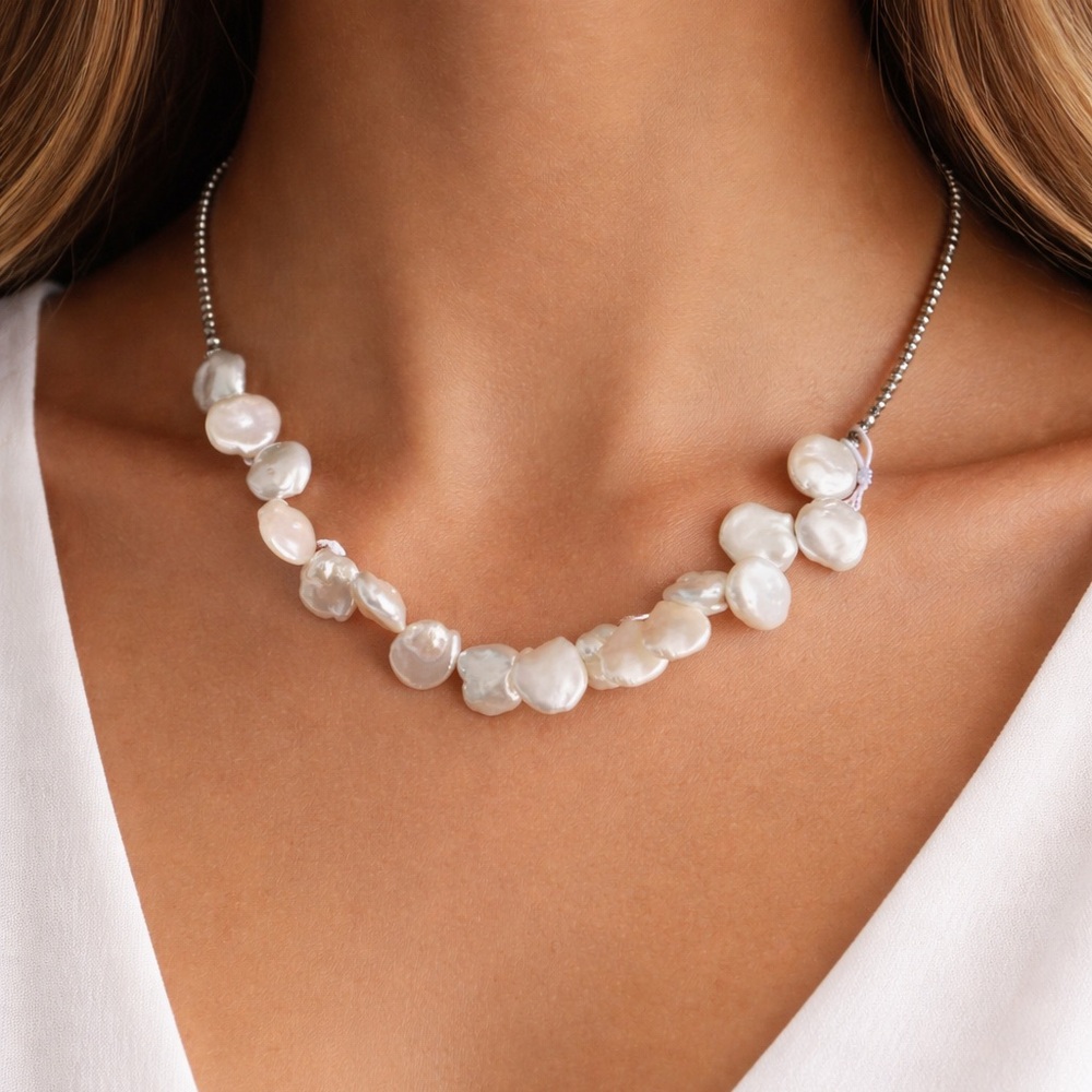 Iris & Lily Necklace Freshwater genuine Pearls Sterling Silver 16" Long